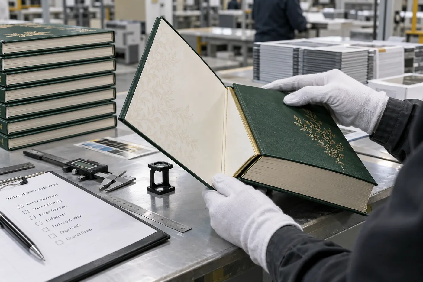 Hardcover book proof inspection checking spine alignment, hinge construction, endpapers, and foil registration