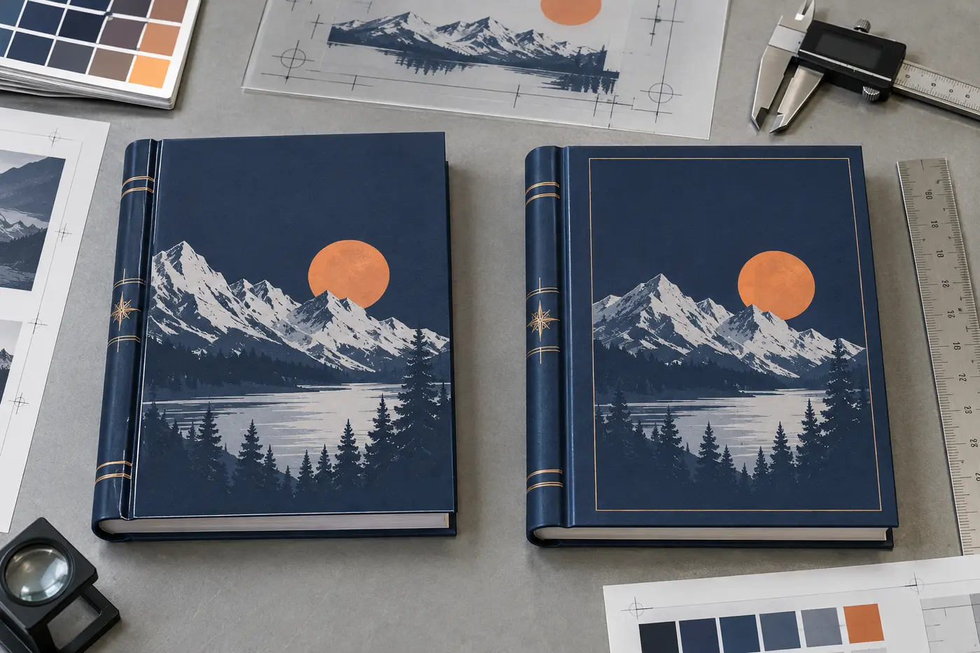 Comparison of a misaligned hardcover cover and a corrected hardcover design with safer margins