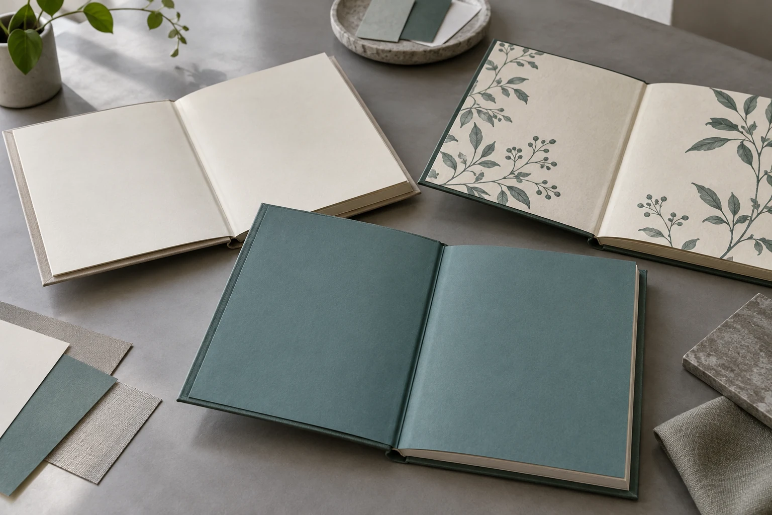 Hardcover samples with cream, teal and botanical endpapers beside matching paper swatches