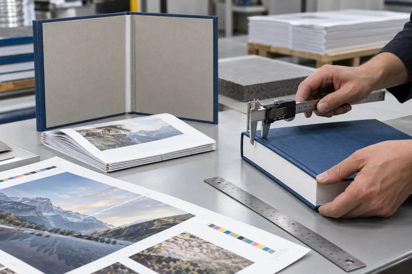 Print technician measuring a hardcover book and checking its binding components