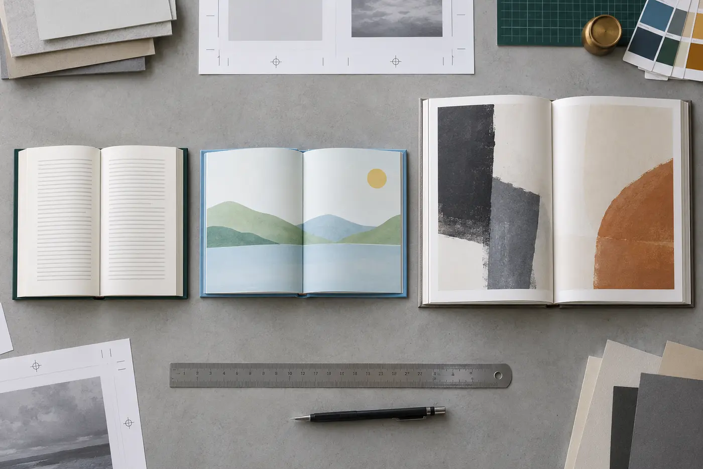 Open text, square illustrated, and large art hardcover formats compared from above