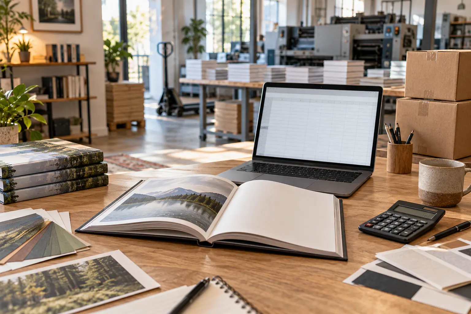 Book printing costs for Kickstarter budget planning with hardcover sample, calculator and shipping boxes