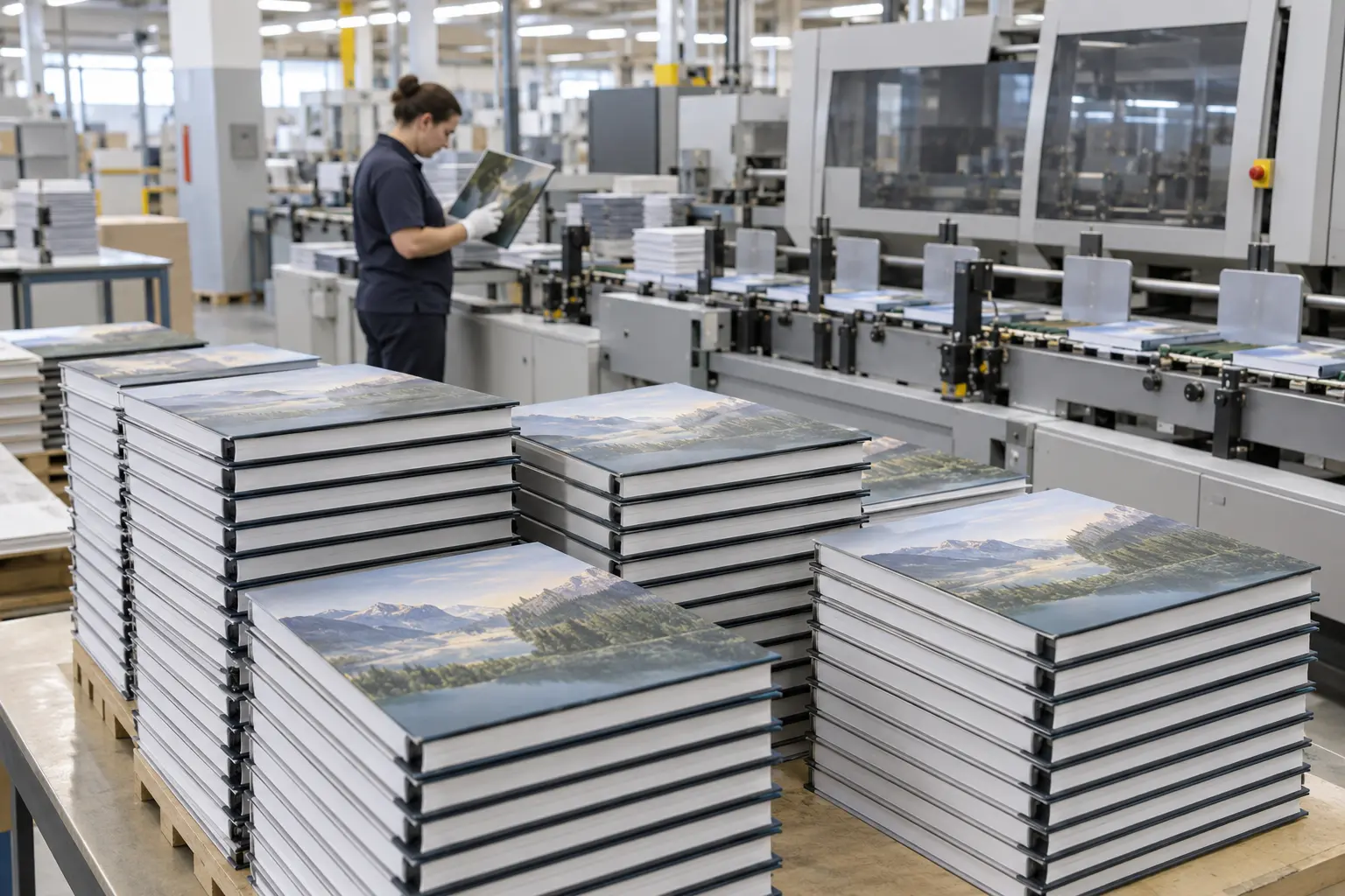 Hardcover crowdfunding book print run undergoing quality inspection in a commercial bindery