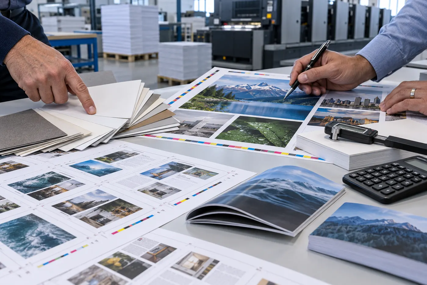 Print professionals comparing magazine paper, proofs, page layouts and binding costs