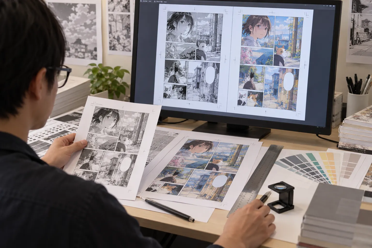 Prepress specialist comparing manga grayscale pages and full color comic proofs