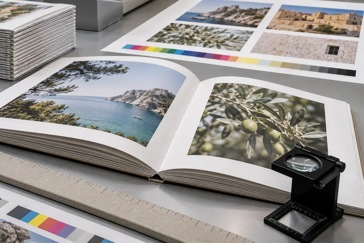 Offset book color proof, open bound book and inspection loupe during quality control