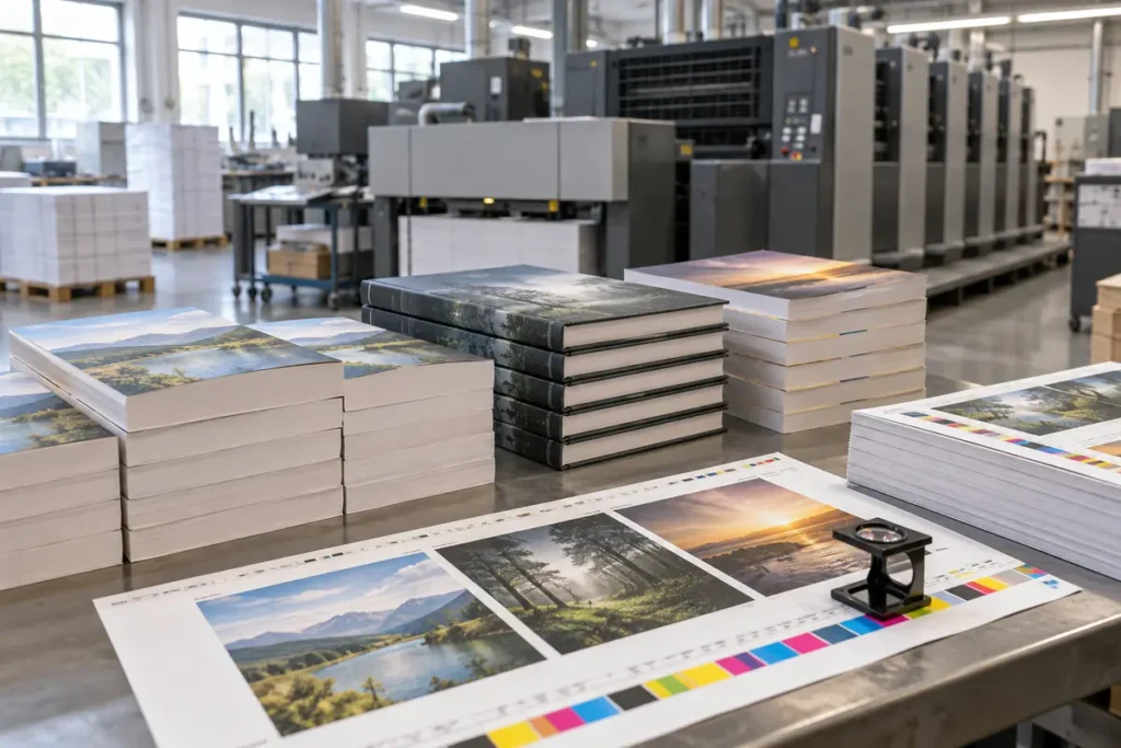 Bulk offset-printed books and color press sheets in a commercial print shop