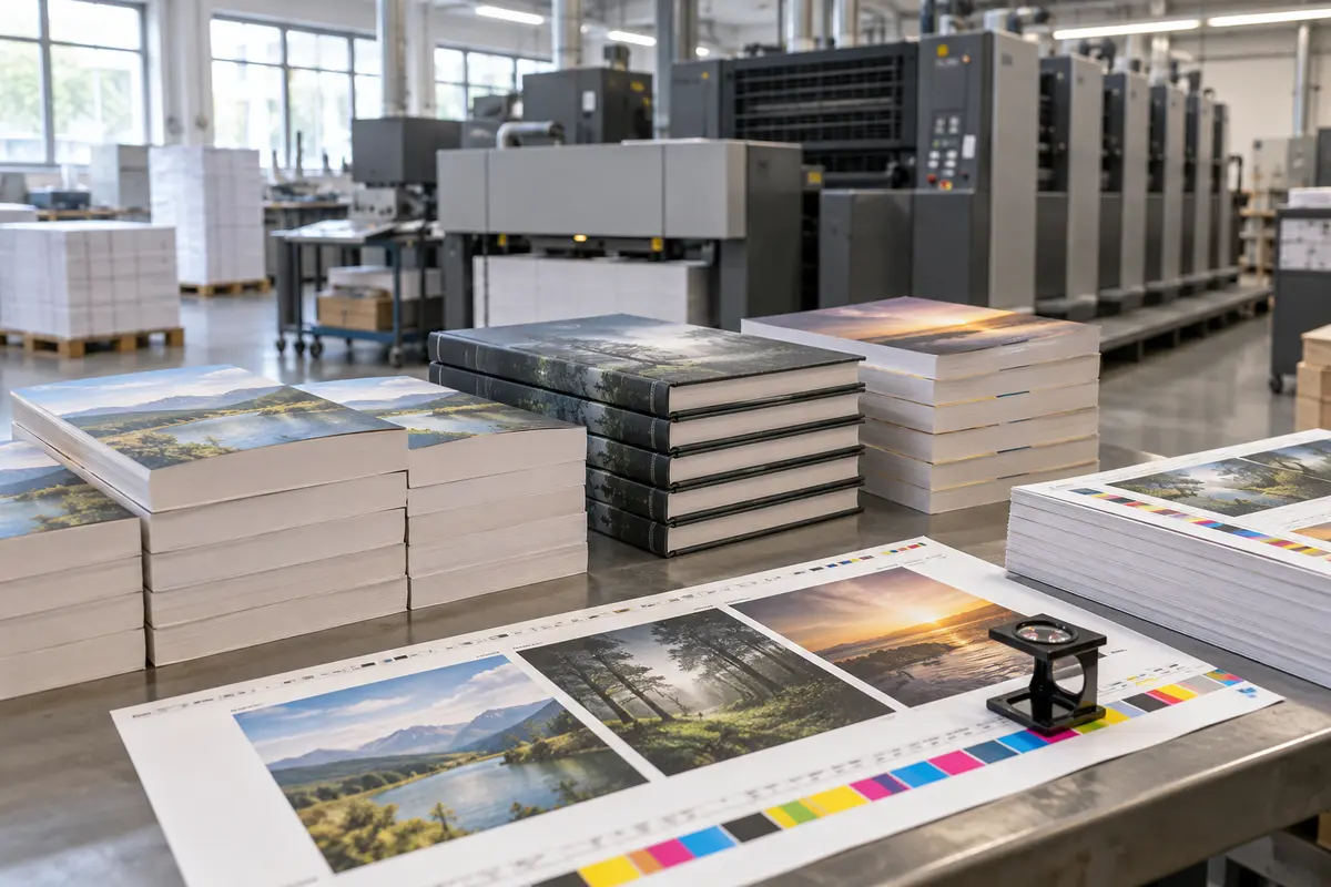 Bulk offset-printed books and color press sheets in a commercial print shop
