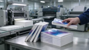 Professional paperback book printing in China, showing perfect-bound books on a production line