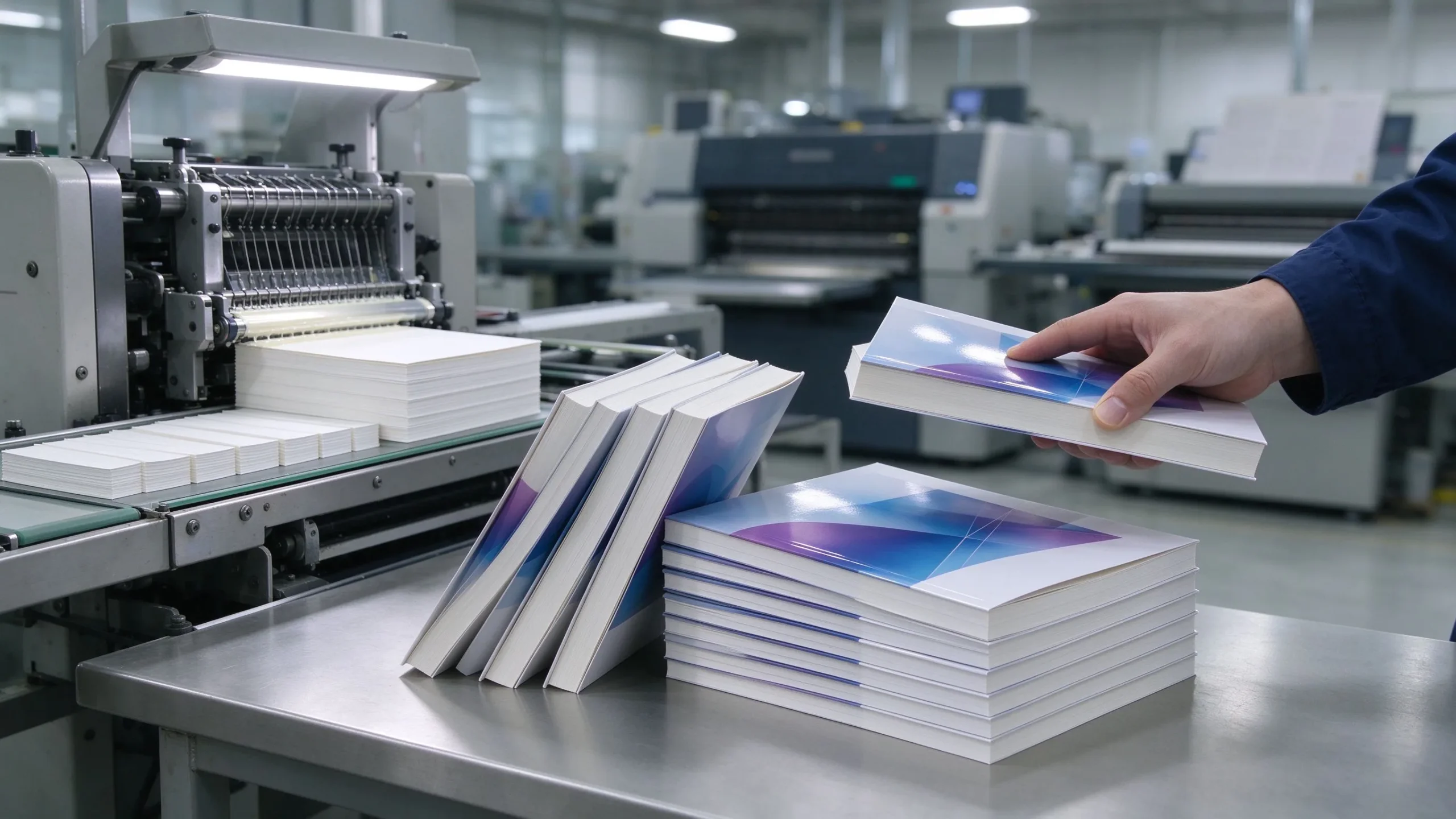 Professional paperback book printing in China, showing perfect-bound books on a production line
