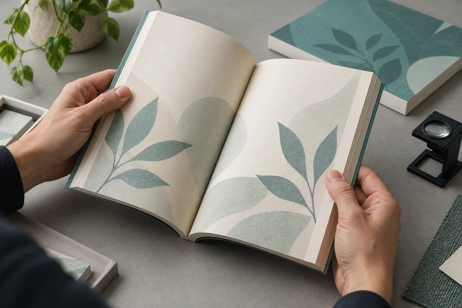 Hands gently opening a teal softcover paperback with botanical artwork beside a printer loupe