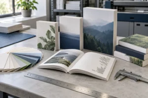 Paperback book printing specifications with trim sizes, paper samples, ruler and caliper
