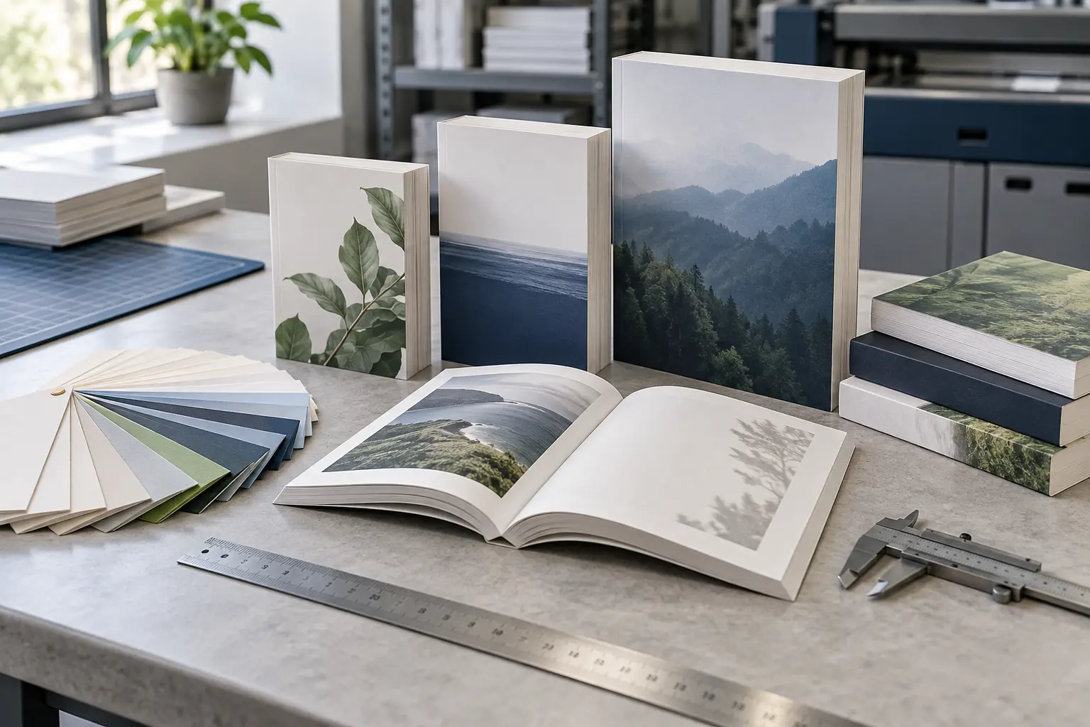 Paperback book printing specifications with trim sizes, paper samples, ruler and caliper