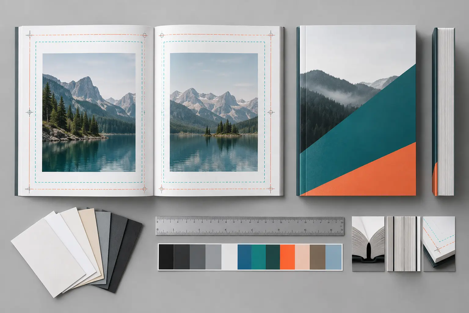Paperback trim bleed safe margin spine and paper specification flat lay