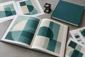 Open art book with teal geometric pages beside loose proof sheets and a printer loupe
