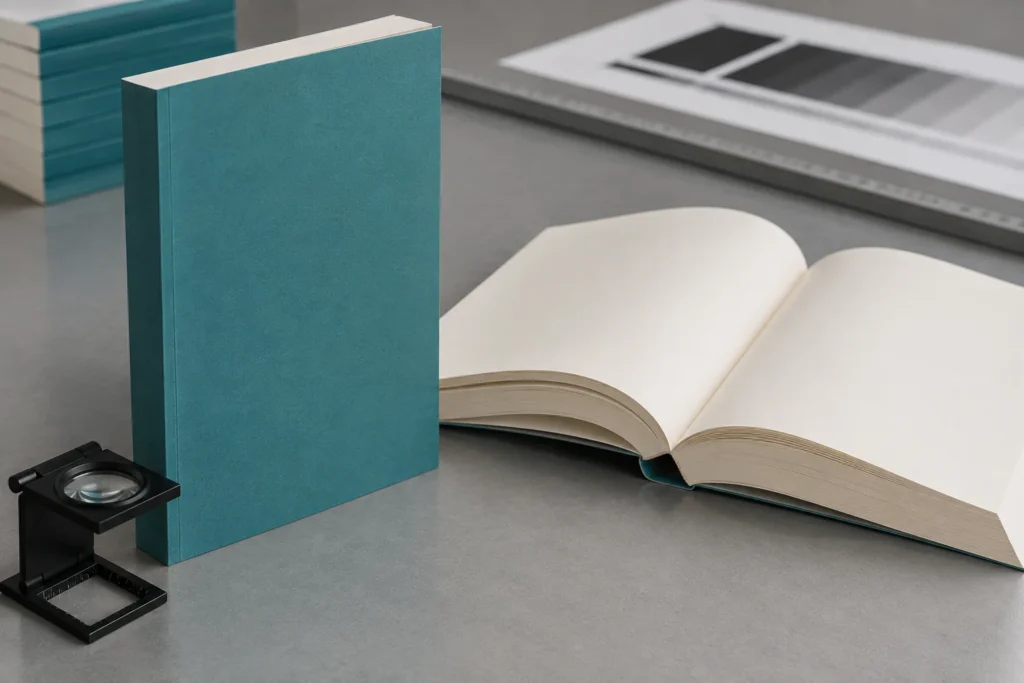 Perfect binding quality review with teal softcover books, an open cream page block and a printer loupe