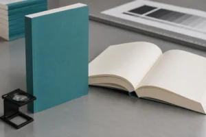Perfect binding quality review with teal softcover books, an open cream page block and a printer loupe