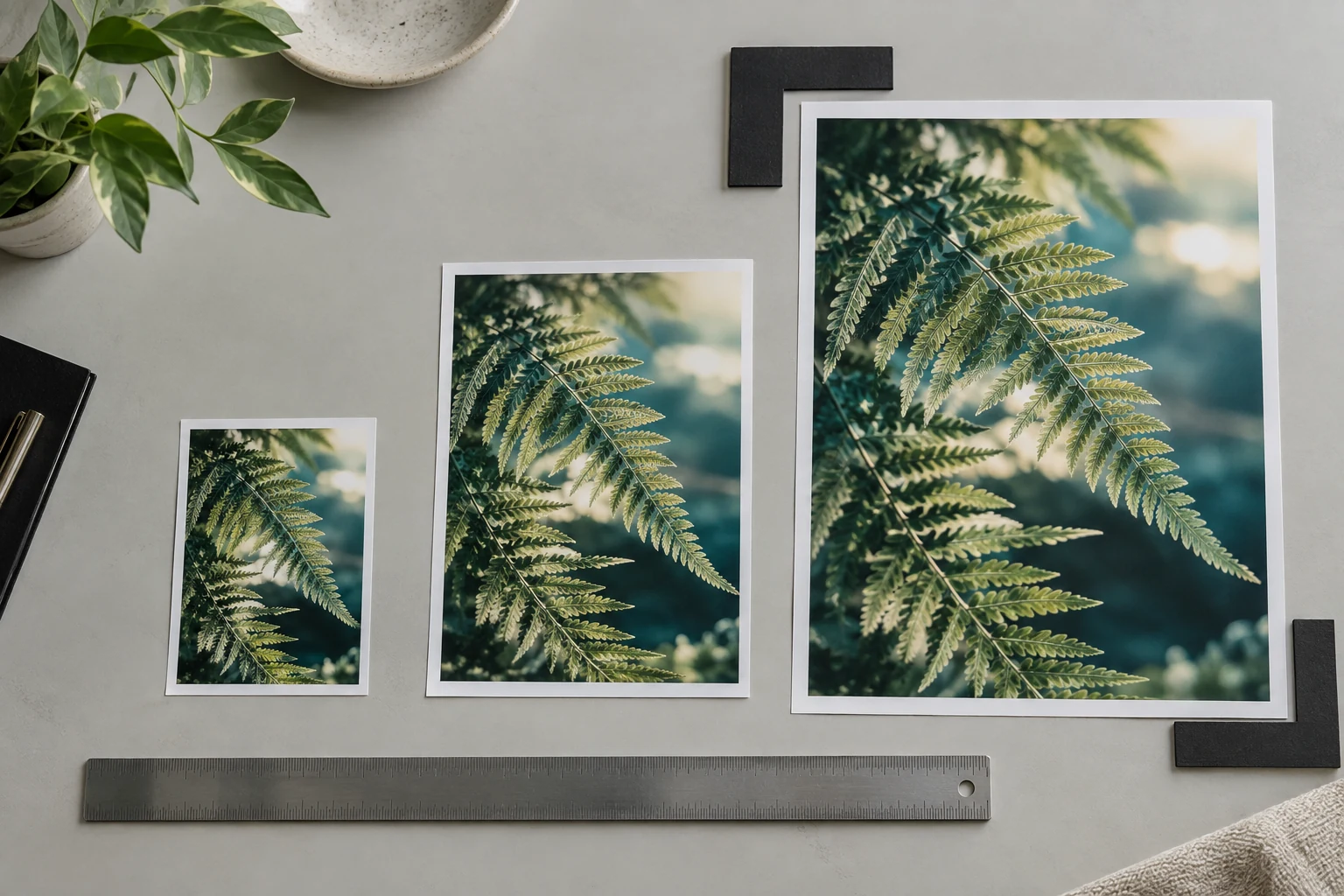 Fern photo prints at three different physical sizes with crop cards and a metal ruler