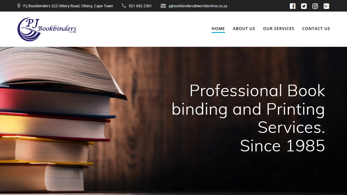 P.J. Bookbinders official website homepage for book manufacturing in South Africa