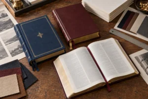 Premium hardcover Bible printing samples with cloth, leatherette, foil, thin paper and ribbon markers