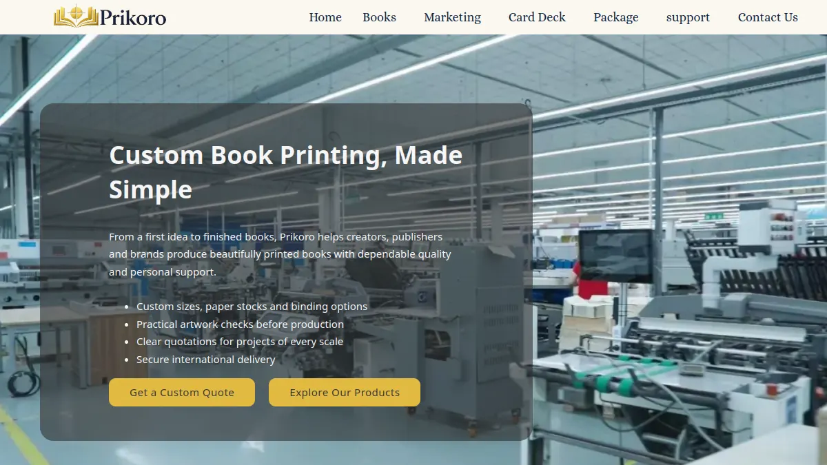 Prikoro official website homepage for book manufacturing in China