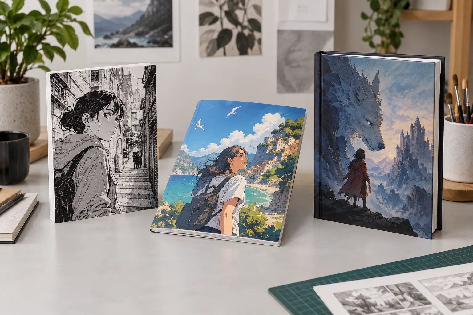 Printed manga comic and hardcover graphic novel formats displayed together