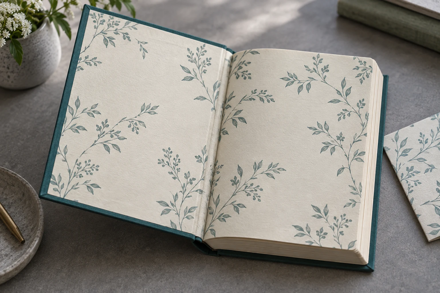 Teal hardcover opened at patterned cream endpapers with a visible inside-cover hinge