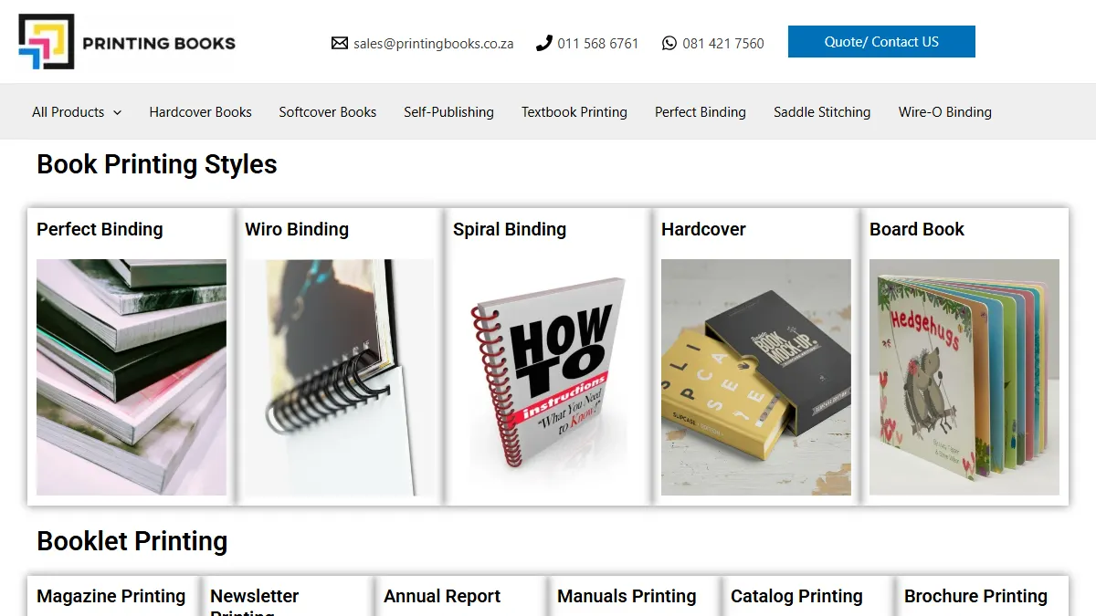 Printing Books official website homepage for book manufacturing in South Africa