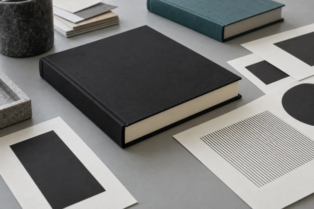 Book samples for rich black vs 100K review, with a black hardcover, solid panels, and fine linework