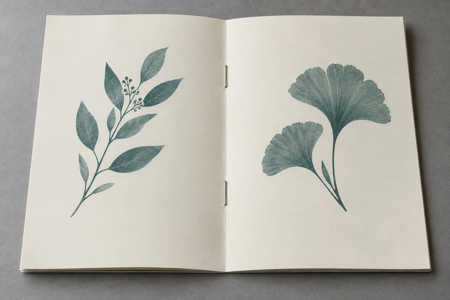 Open saddle-stitched booklet with botanical artwork, wide margins and two wire stitches at the center fold
