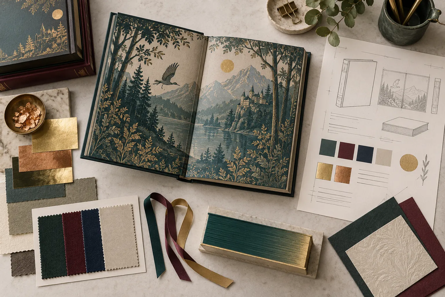 Special edition book design planning with foil, cloth, edge color, ribbon, and endpaper samples