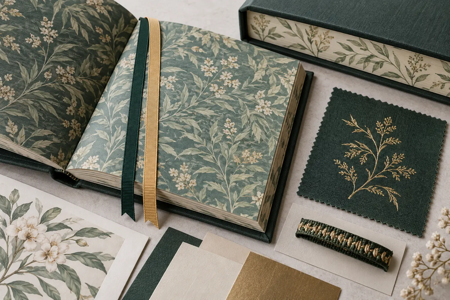 Special edition book materials including illustrated endpapers, cloth, foil, ribbons, and decorated page edges