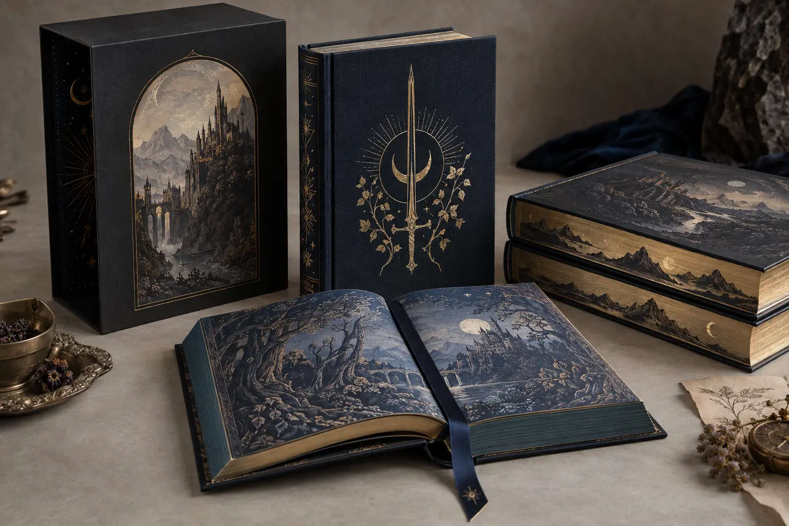 Luxury special edition book printing with foil hardcover, decorated edges, ribbon, and slipcase