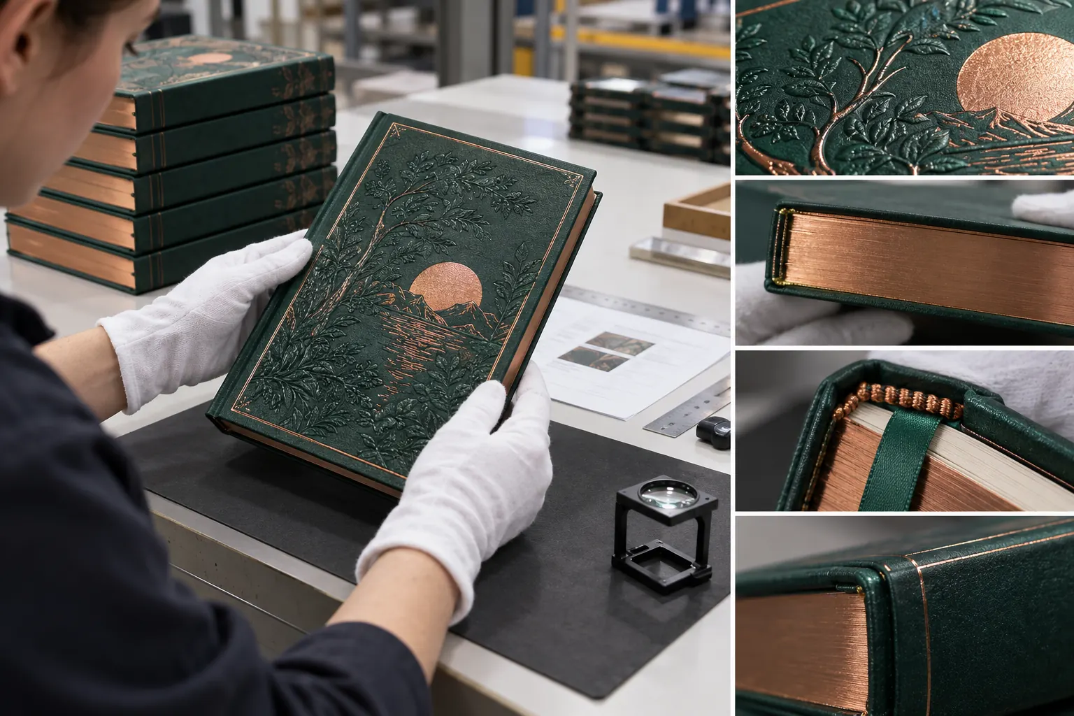 Print technician inspecting foil registration, embossing, sprayed edges, ribbon, and hardcover binding quality