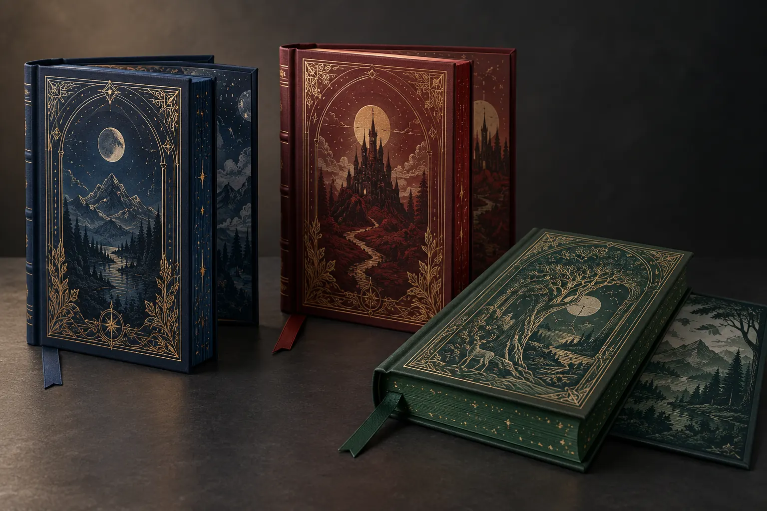 Three premium special edition books with foil covers, sprayed edges, ribbons, and illustrated endpapers