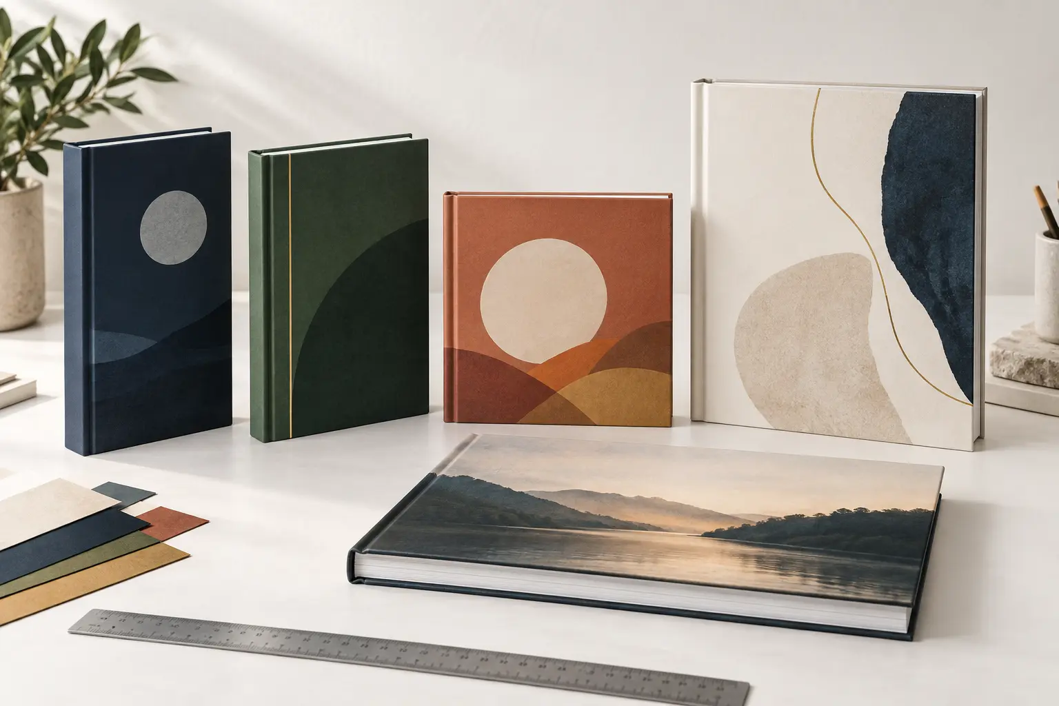Standard hardcover book sizes displayed together for trim size comparison