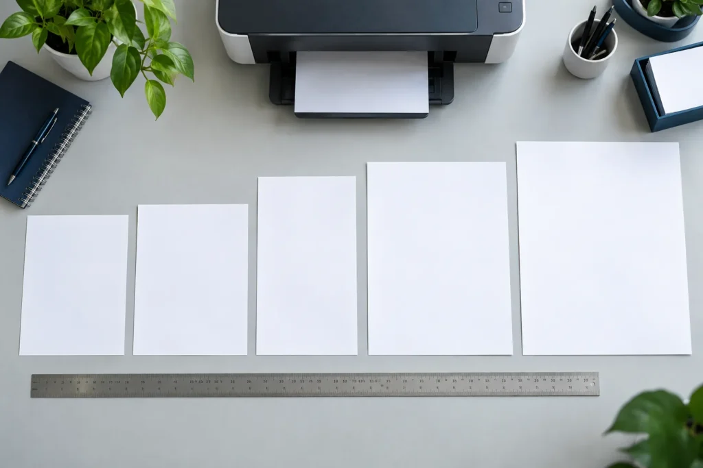 Standard printer paper size comparison beside an office printer and ruler