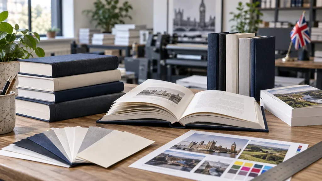 Book and paper samples for Top 10 Book Manufacturers in UK — AI illustration
