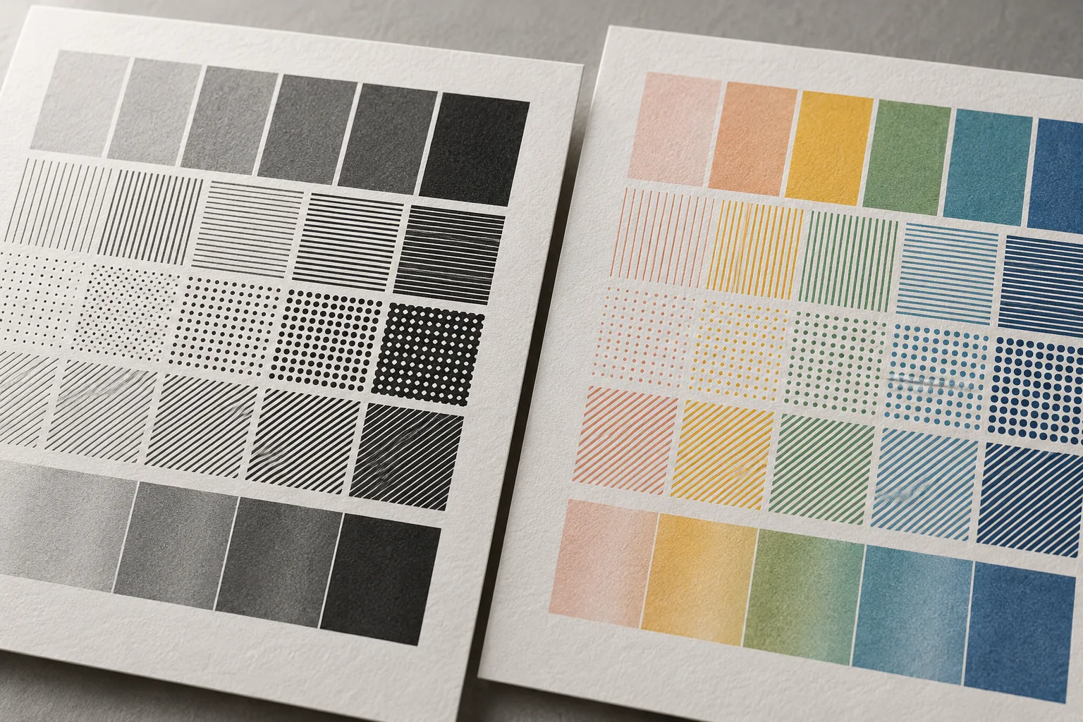 Conceptual grayscale and color pattern samples on paper