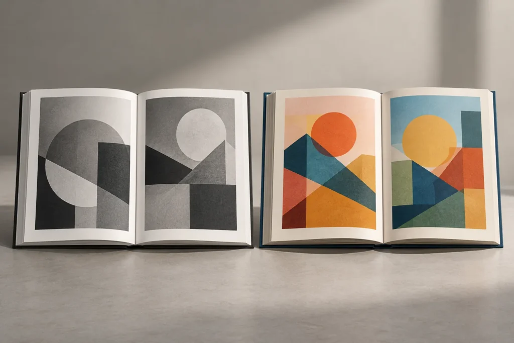 Conceptual open books with grayscale and color geometric artwork
