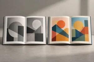 Conceptual open books with grayscale and color geometric artwork