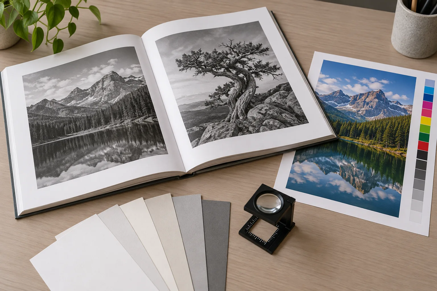 Conceptual book proof with grayscale images, a color print and paper swatches