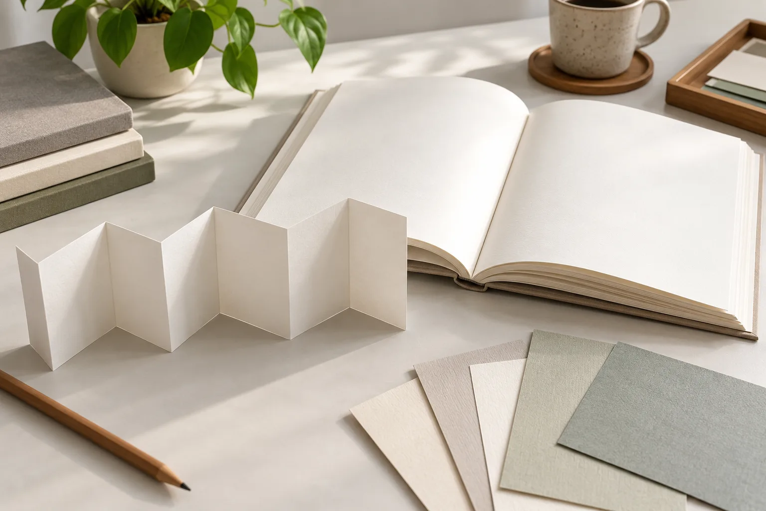 Folded blank paper mockup beside a book and paper samples