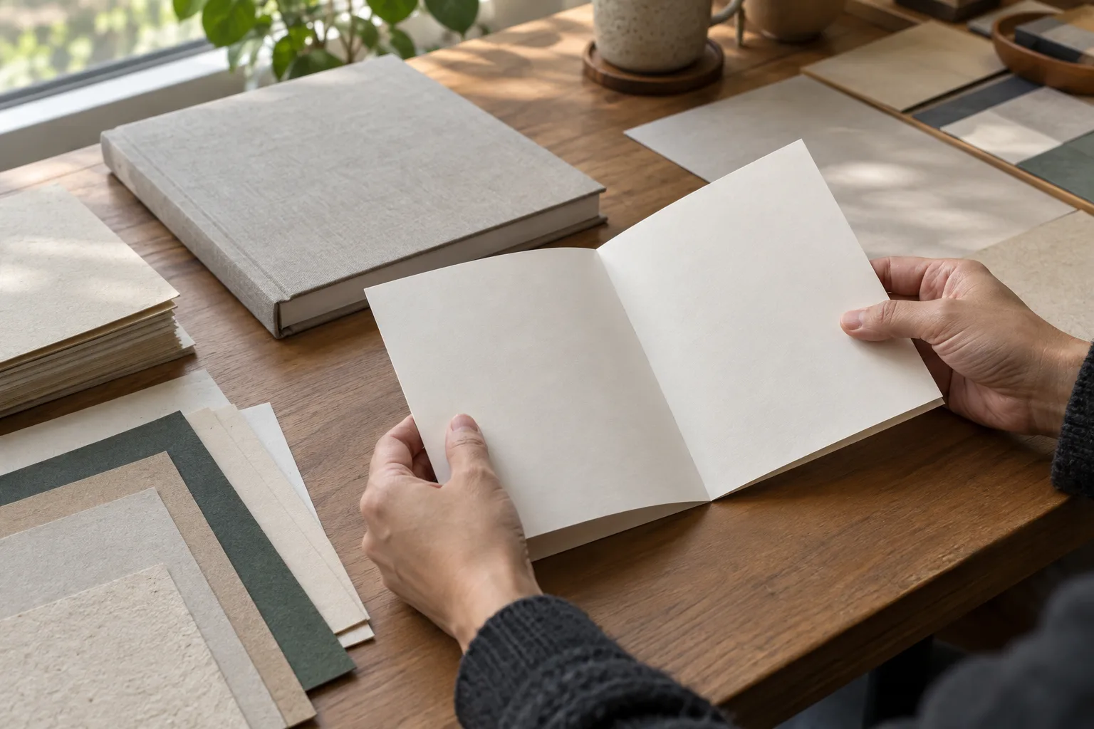 Hands reviewing a blank folded-paper mockup and paper samples