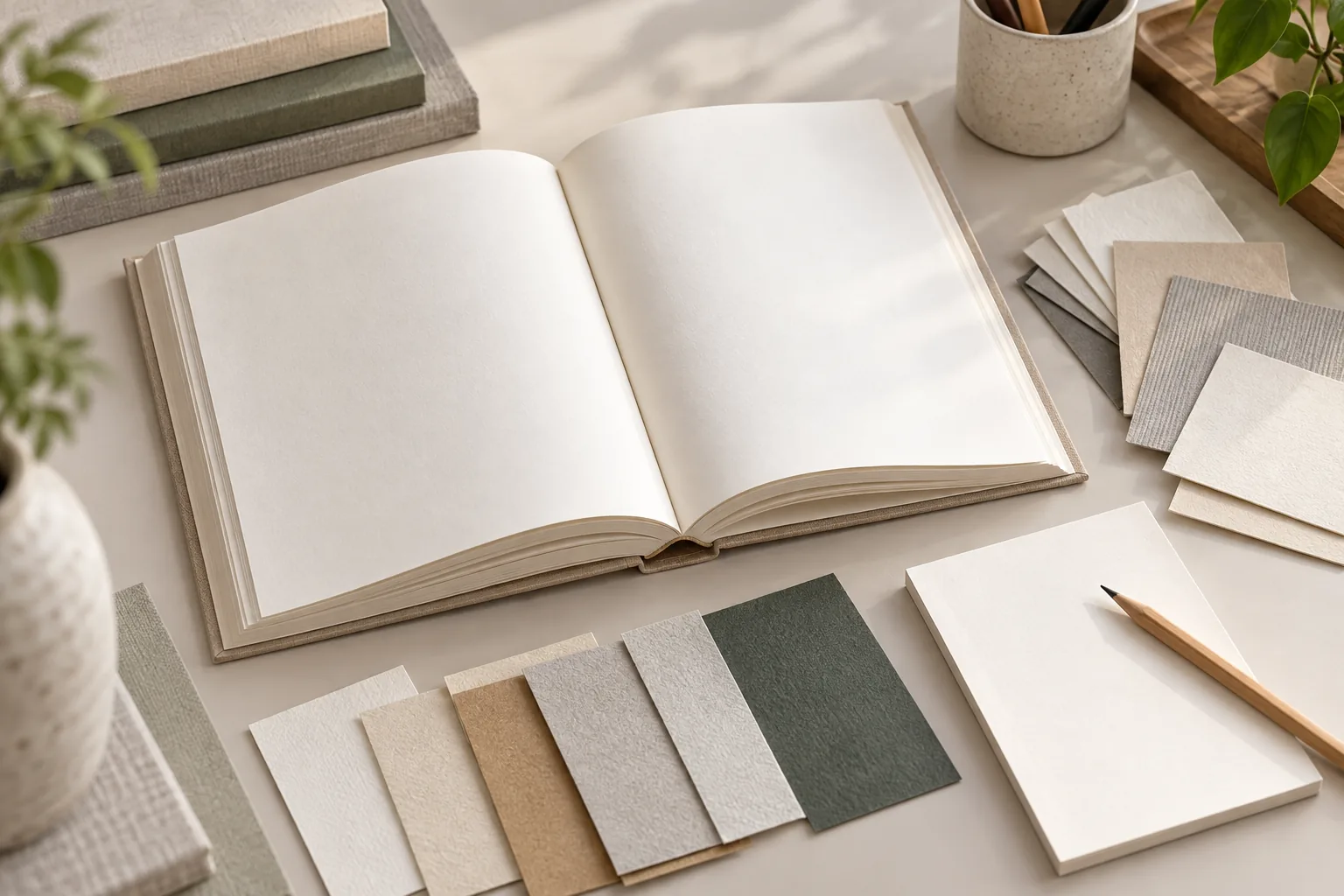 Book dummy, paper samples and notes for a printing brief