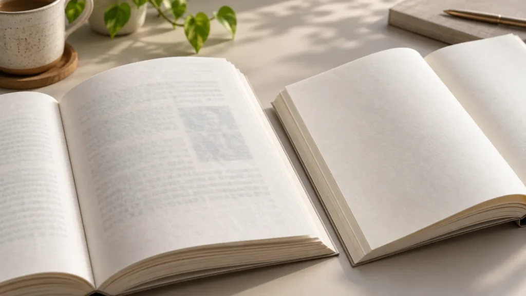 Open books illustrating book paper opacity and show-through