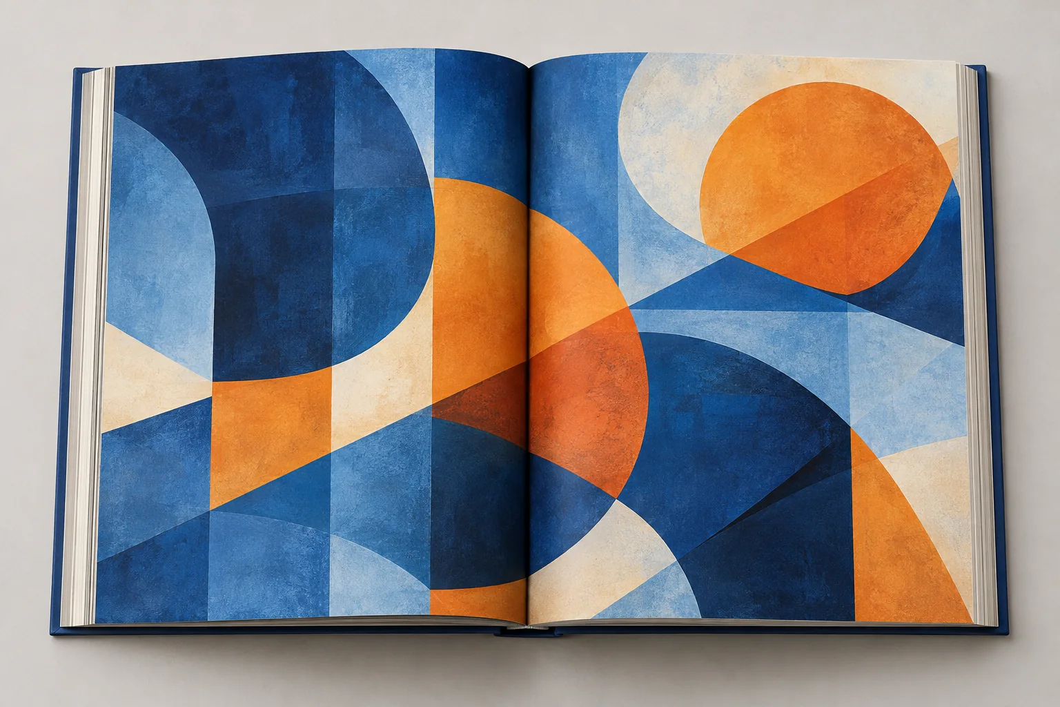 Open book with geometric artwork crossing the center gutter