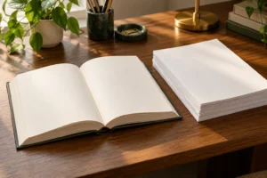 Open book beside a stack of individual sheets