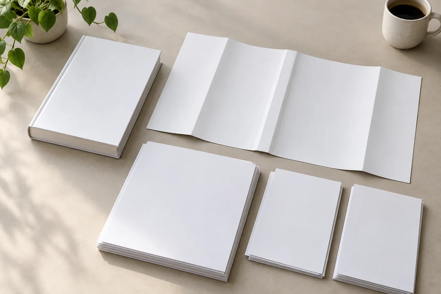 Book, unfolded cover wrap and paper proof sheets on a desk