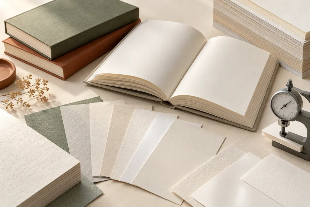 Editorial illustration comparing blank book paper surfaces, swatches and a caliper gauge.